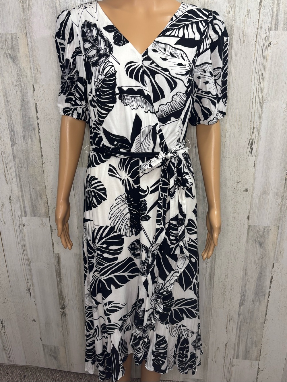 Calvin Klein Black & White Tropical Print Mock Wrap Midi Dress